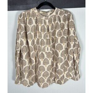 MATTA Bhetti Treetop Tree Print Top Cotton Long Sleeve Ruched Shoulders Boho M